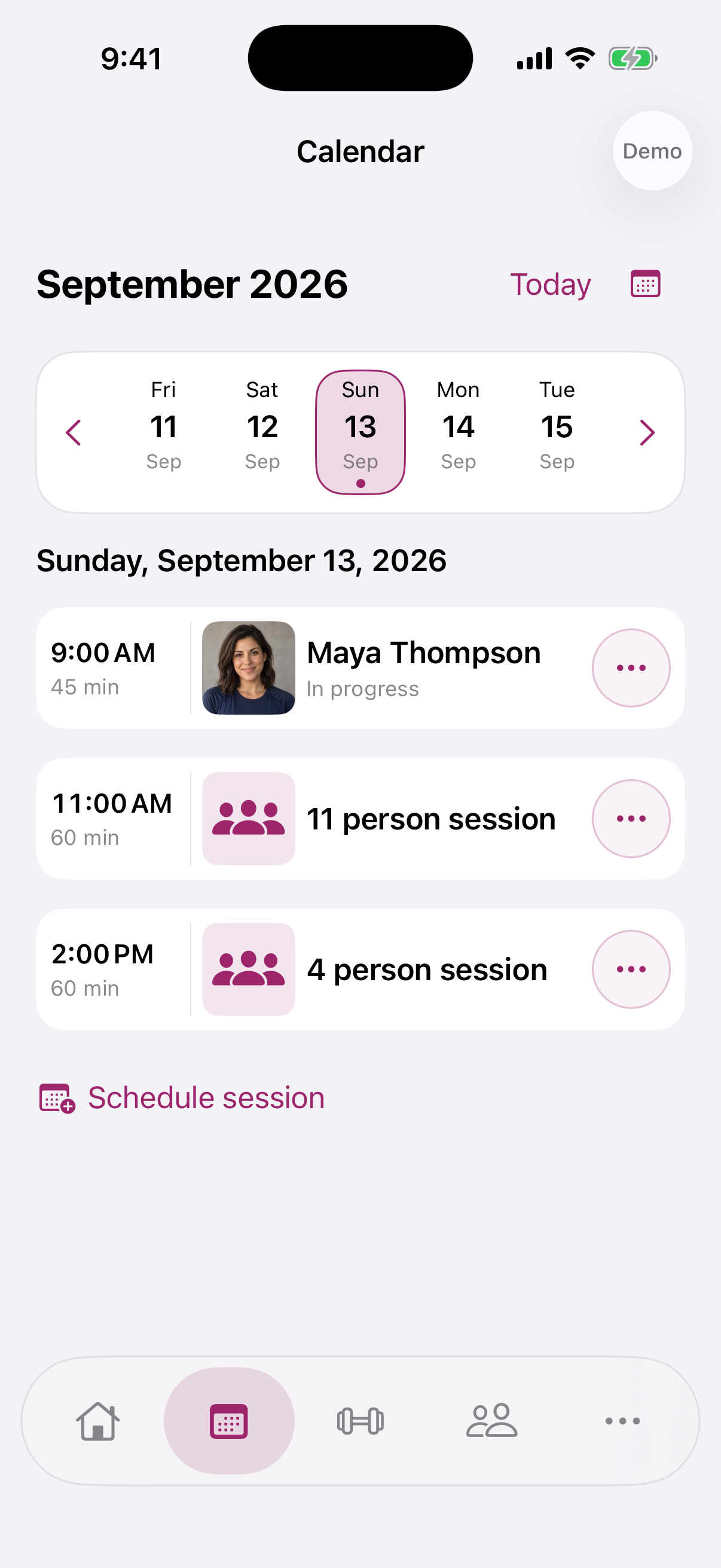 Fit Flo calendar with upcoming training sessions