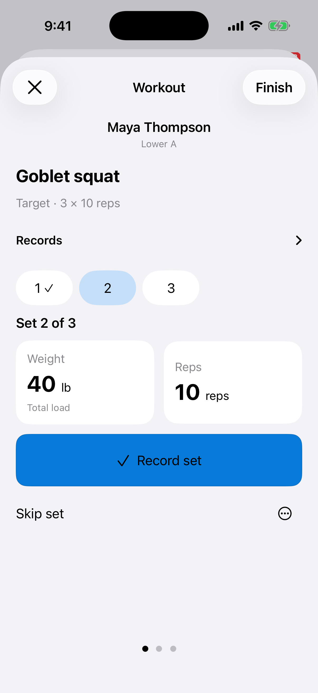 Fit Flo workout showing goblet squat targets and recorded sets